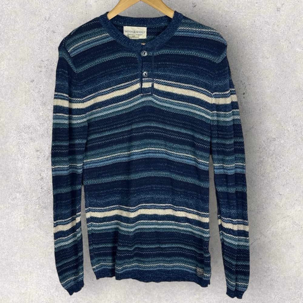 Denim Supply Ralph Lauren Knit Sweater Blue Henley Size Small Striped Cotton S